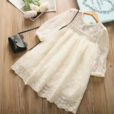 Girls Round Neckline Hollow Lace Embroidered Princess Dress