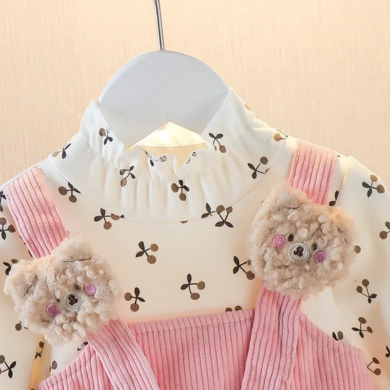 Girls’ Long Sleeve Cute Cherry Bear Dress