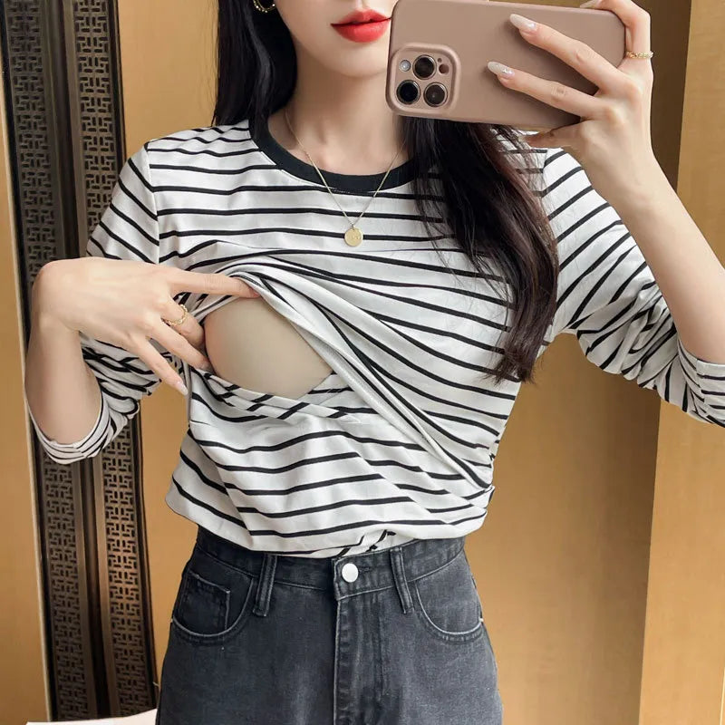 Striped Nursing Shirt – Spring & Autumn Long Sleeve